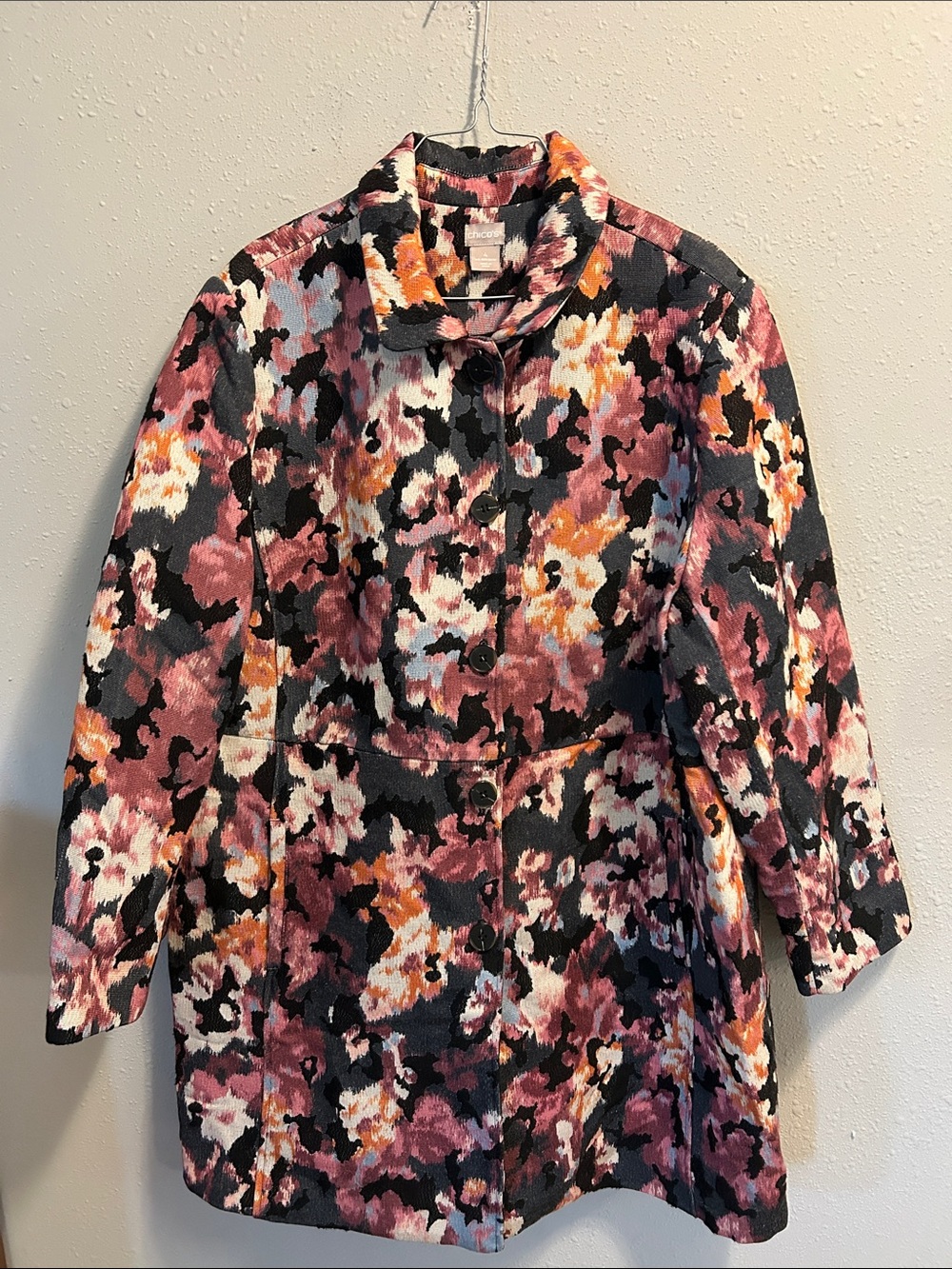 Chico's patterned button-front topper jacket Abstract Mauve Tapestry Coat